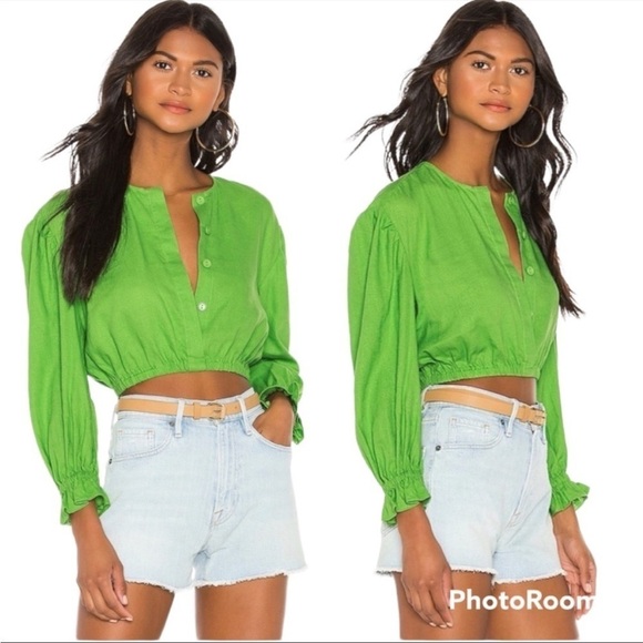 L'Acadamie The Vera Blouse Linen Blend Long Sleeve Cropped Top XS Lime Green - Picture 1 of 15